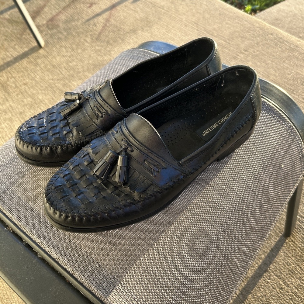 Giorgio Brutini Mens Black Woven Leather Slip On Tassel Loafer Shoes Size 10.5